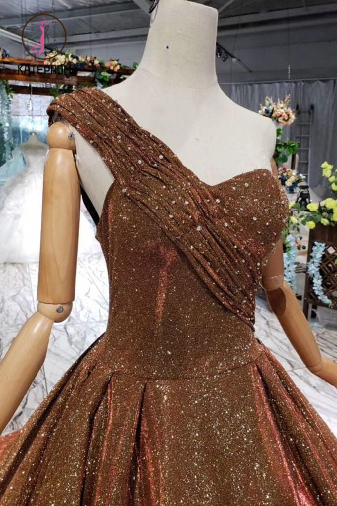 Big Prom Dresses One Shoulder Lace Up Back Sequins Beads Quinceanera Dresses KPP0909