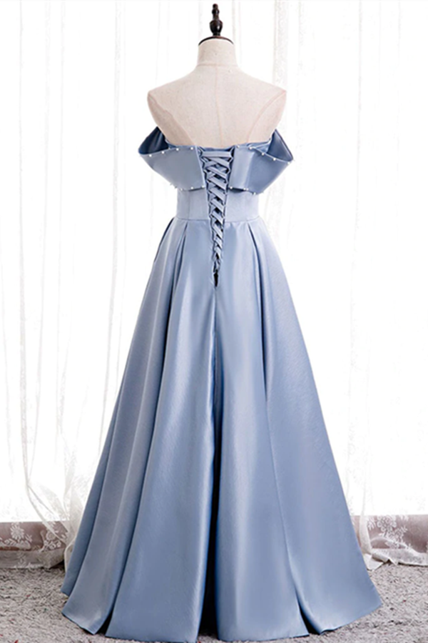 Chic A line Off the shoulder Beaded Floor Length Prom Dress Satin Evening Dress KPP1510