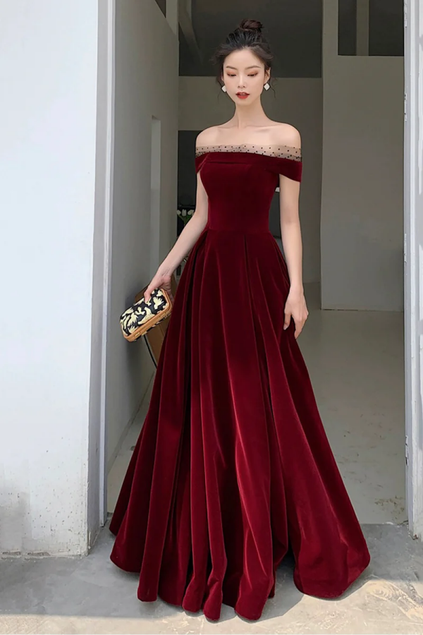 Burgundy Velvet Floor Length Prom Dress, Beautiful A Line Evening Party Dress KPP1777