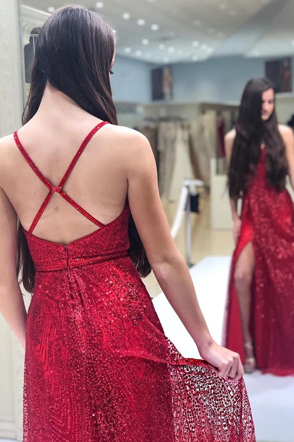 Sparkly V Neck A Line Red Spaghetti Straps Prom Dresses with Slit, Evening Dresses KPP1377
