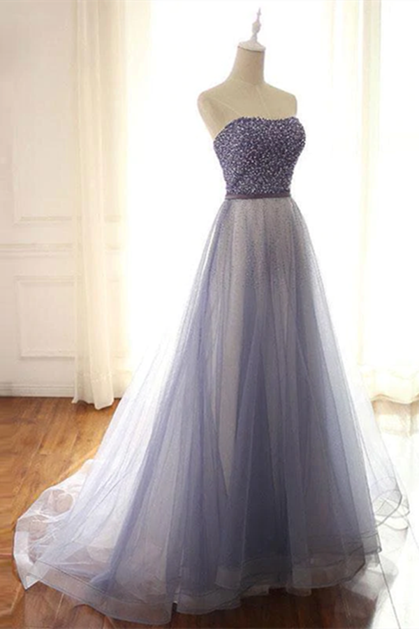 Shimmering Tulle Strapless Neckline A Line Evening Dresses With Beading KPP1528