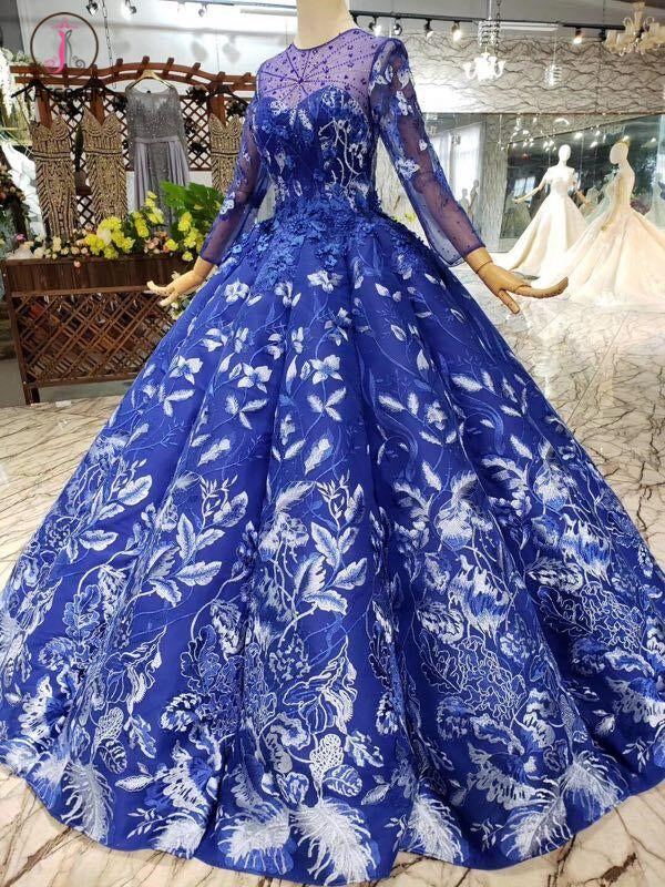 Blue Ball Gown Floral Prom Dress with Long Sleeves, Appliqued Long Quinceanera Dress KPP0851