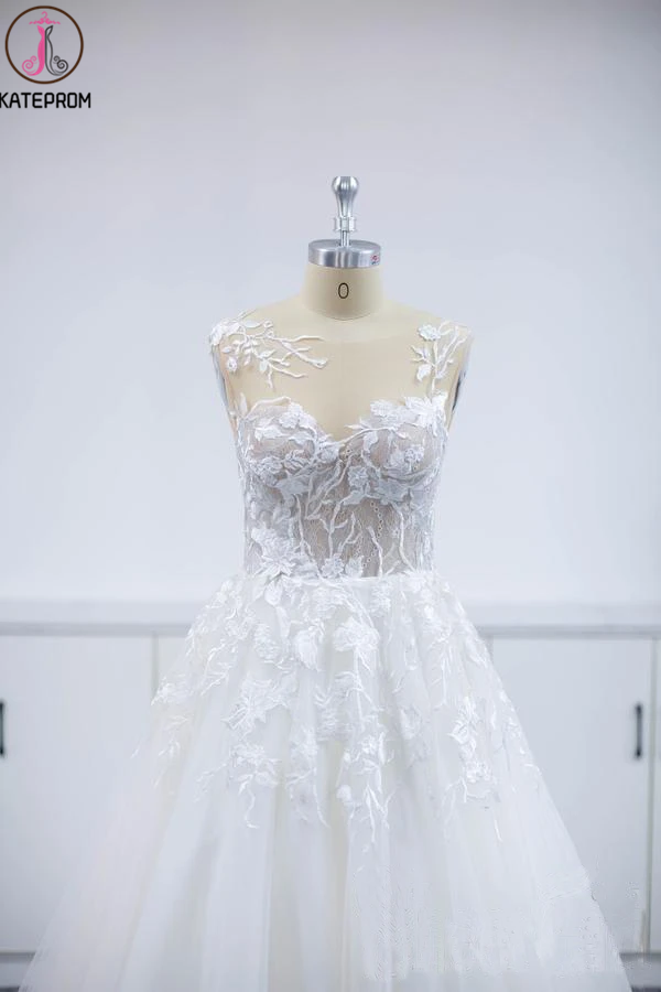 A-Line Floral Applique Beach Wedding Dresses, wedding gown new,White Evening Dresses KPW0592