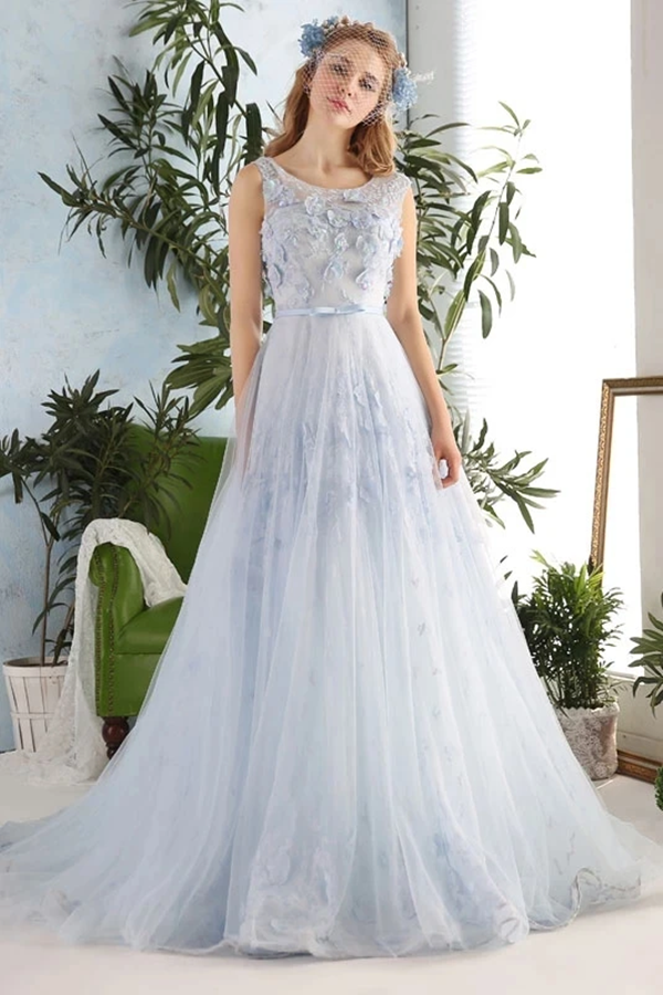 3D Flowers A Line Blue Gray Tulle Long Formal Prom Evening Dress KPP1361