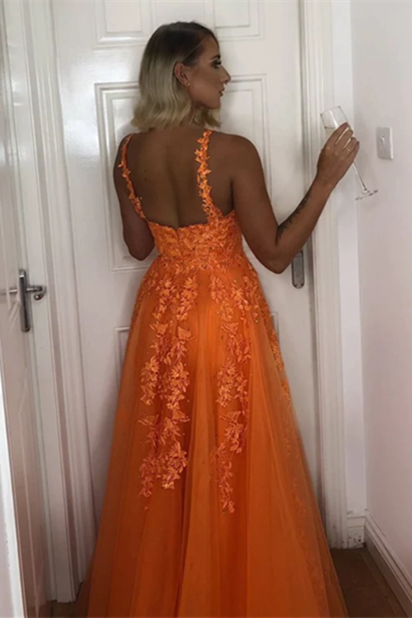 A Line V Neck Backless Lace Appliques Orange Prom Dresses, Formal Dresses KPP1526