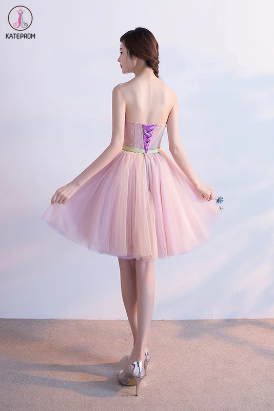 Pink Sweetheart Tulle Homecoming Dress with Ribbon, Short Prom Dress with Beads KPH0508