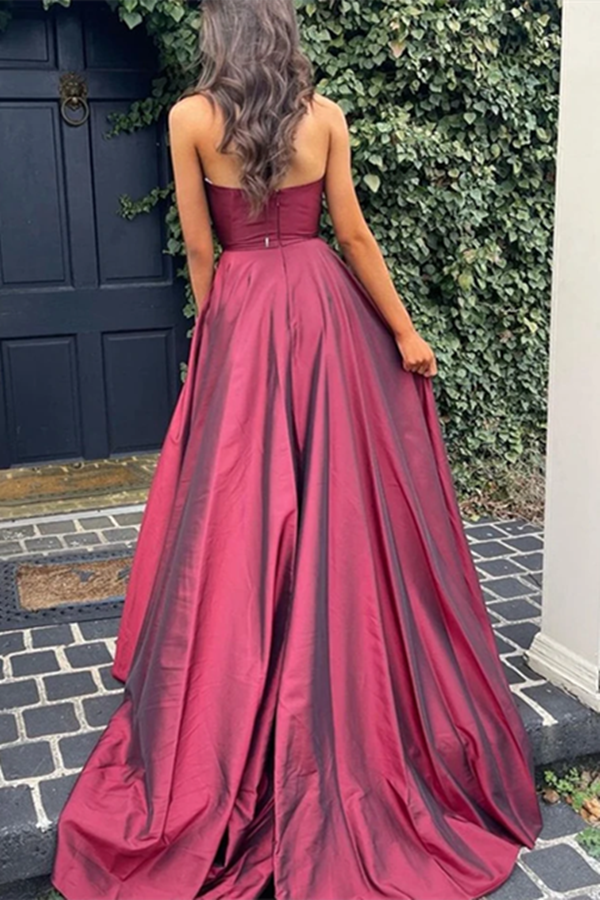 A Line V Neck Open Back Burgundy Long Prom Dresses with High Slit Backless Satin Evening Dresses KPP1494