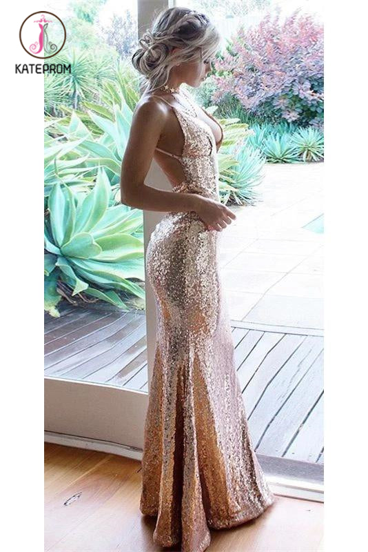 Sexy Sequined Mermaid Backless Prom Dress, Rose Gold Floor Length V Neck Formal Dress KPP1222