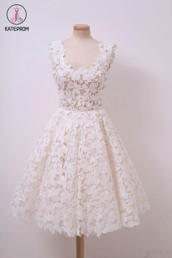 Ivory Lace Knee Length Homecoming Dresses, A Line Scoop Sleeveless Graduation Dress KPH0442
