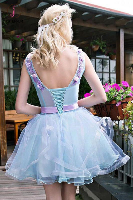 Stylish Light Blue Tulle Short Homecoming Dress with Lilac Appliques, Sweet 16 Dress KPH0331