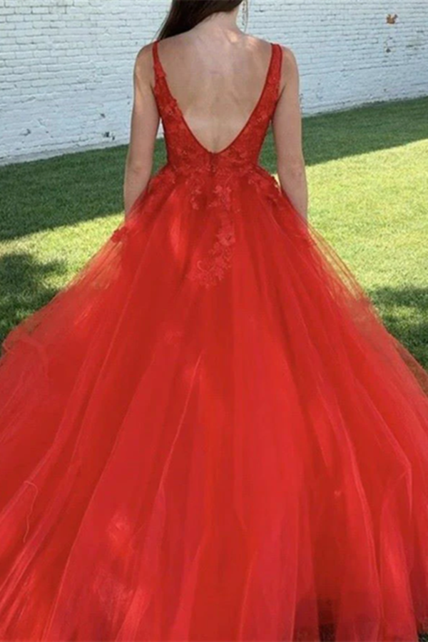 Chic A line Red V neck Beaded Prom Dress Tulle Applique Long Evening Formal Dress KPP1576