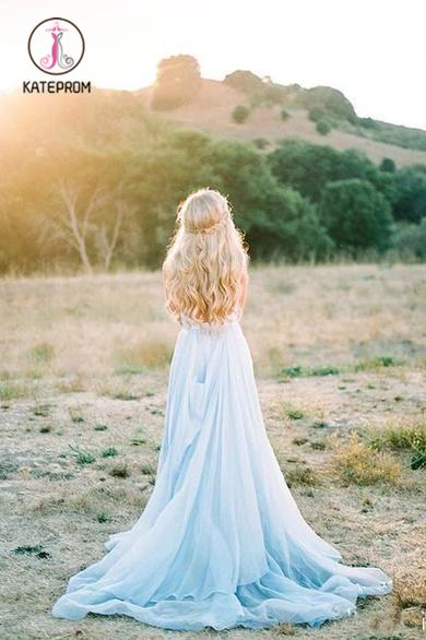 Sky Blue V Neck Prom Dresses, Sexy Backless Spaghetti Straps Pleated Long Formal Dress KPP0959