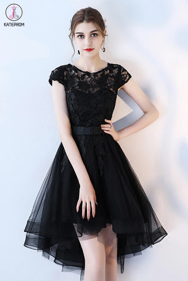 Black High Low Prom Dress, A Line Tulle Black Dress with Lace, Cap Sleeve Homecoming Dress KPH0484