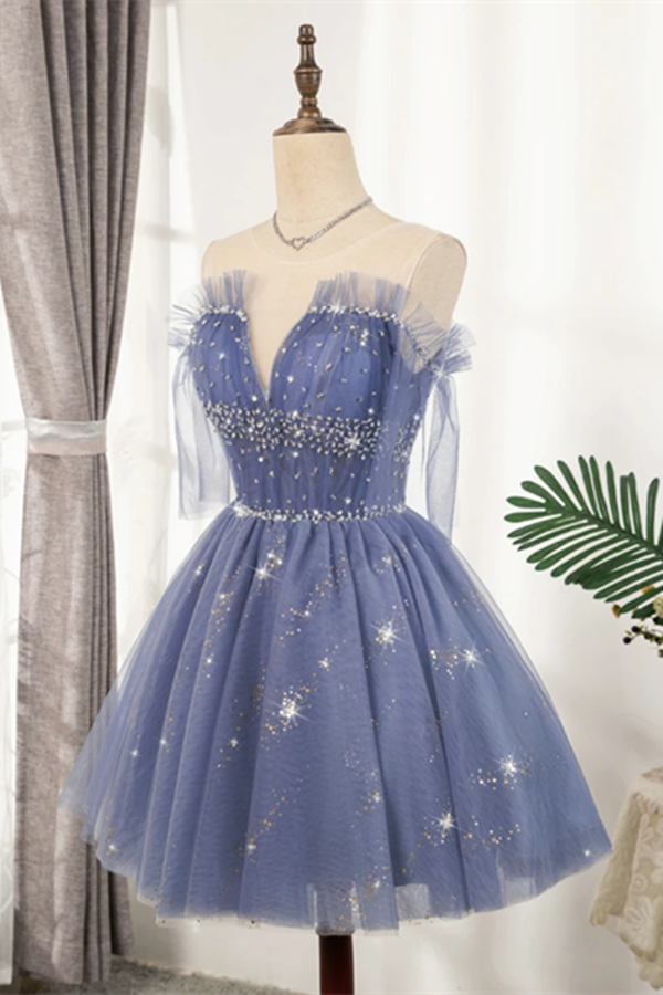 Flowy Cute A line Blue Homecoming Dresses Short Beading Prom Dress KPH0553