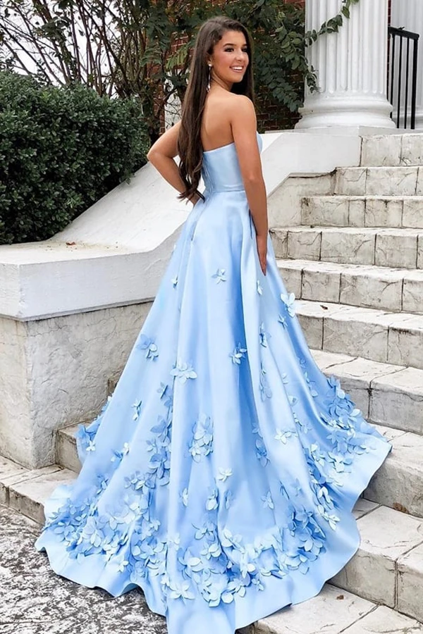 3D Floral Applique Satin Sweetheart Sky Blue A line Long Prom Dresses KPP1366
