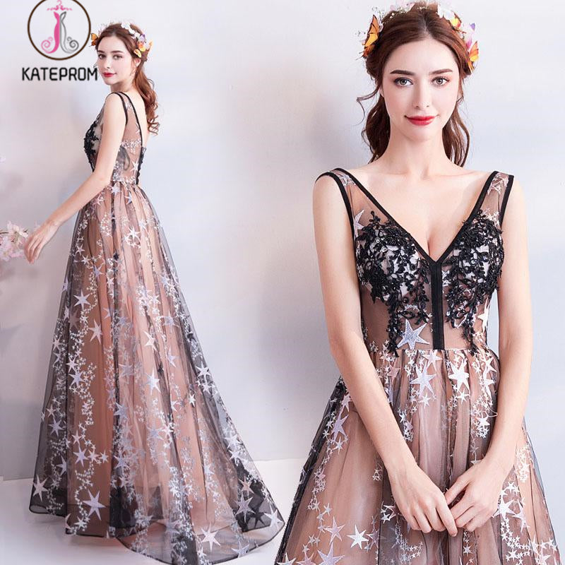 Charming Floor Length Sleeveless Prom Dress with Stars, A Line Appliques Evening Dress KPP1067