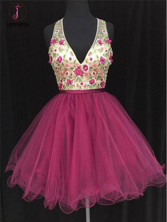 Mini Deep V Neck Sleeveless Tulle Homecoming Dress with Appliques, Short Prom Dress KPH0311