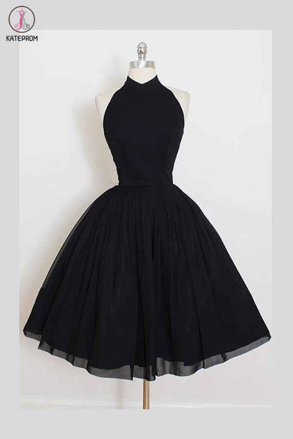 Black Sleeveless Homecoming Dress, Simple Halter Party Dresses, Tea Length Graduation Dress KPH0464