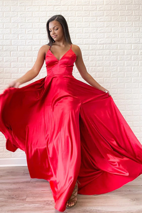 Simple Red Satin Halter V Neck A Line Sweep Train Long Prom Dress KPP1545