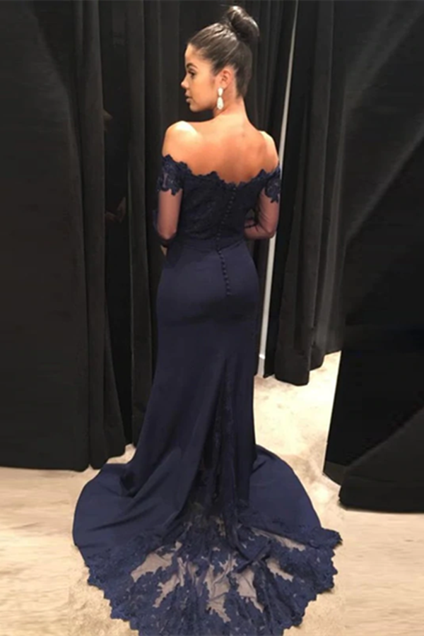 Mermaid Off Shoulder Sweep Train Jersey Appliqued Prom Dress KPP1530