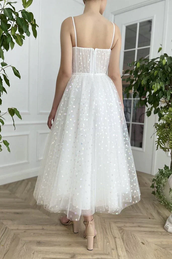Sweetheart Neck Tulle Ivory Prom Dresses, Tea Length Evening Dresses KPP1628