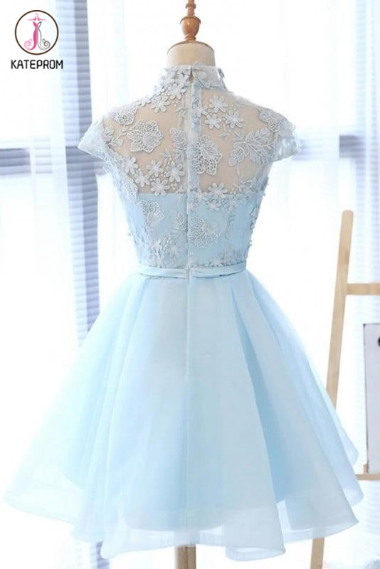 A Line High Neck Cap Sleeves Organza Homecoming Dresses with Bowknot KPH0419
