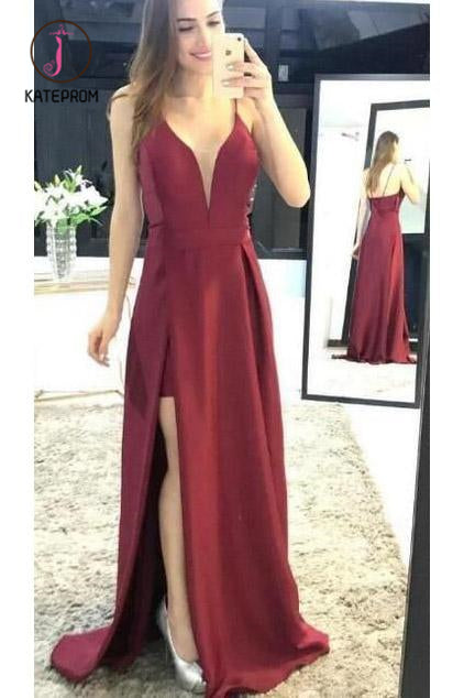 Burgundy Sleeveless Prom Dresses, Spaghetti Strap Split Satin Party Dresses KPP0913