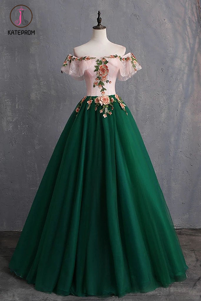 Green Off the Shoulder Floor Length Prom Dress with Appliques, Puffy Quinceanera Dress KPP1062
