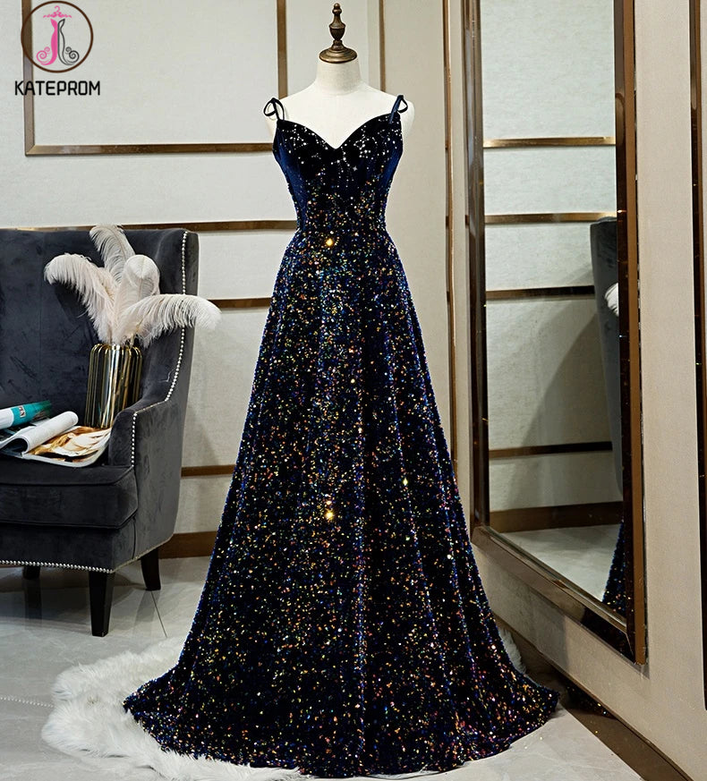 Sparkly Long A-line Lace Up Back Evening Prom Dresses Party Dress KPP1310