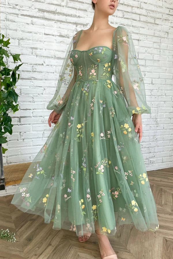 Light Green Embroidered Tulle Dress Evening Dress Puffy Long Sleeve Prom Dress KPP1601