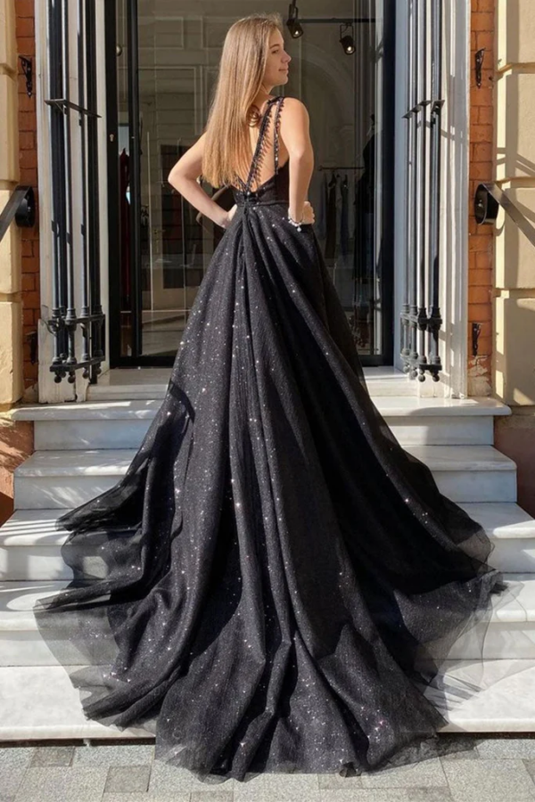Shiny Tulle V Neck Open Back Black Long Prom Dresses With High Slit KPP1684