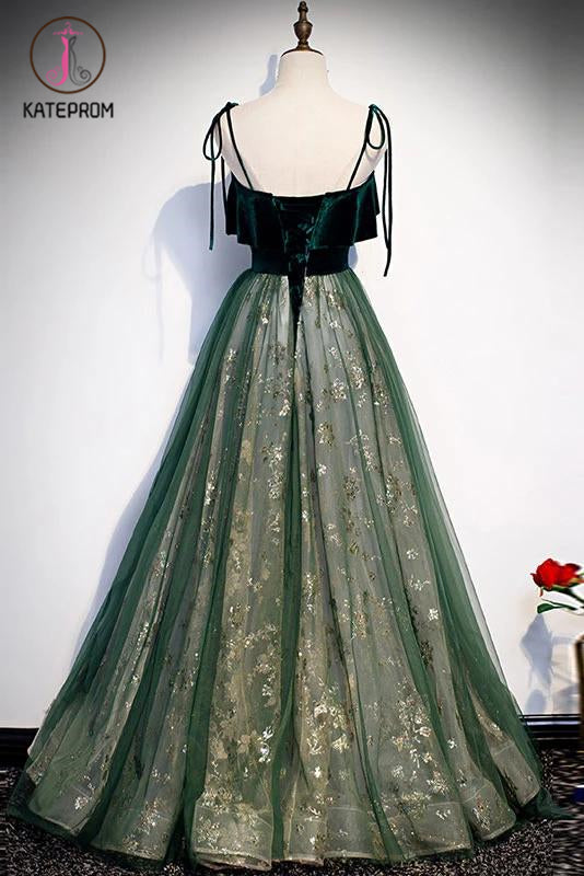 Spaghetti Straps Tulle Lace Green Prom Dress, Floor Length Lace Up Formal Dress KPP1141