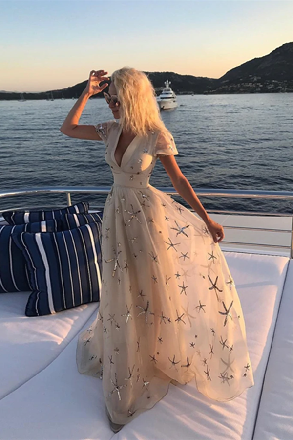 A line V neck Champagne Prom Dresses With Sleeve Formal Gown Evening Dresses KPP1538