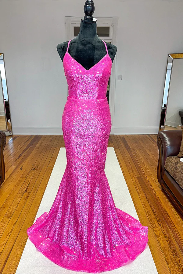 Sparkle Hot Pink Sequin Mermaid Long Prom Formal Dress KPP1561