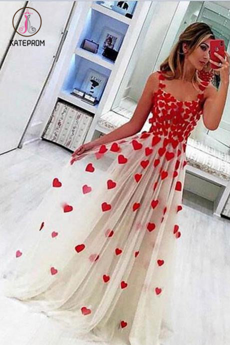 Floor Length Straps Tulle Prom Dress with Flowers, A Line Sleeveless Long Evening Dress KPP1223