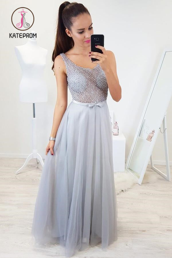 Floor Length Sleeveless Beading Tulle Prom Dresses, Sexy Long Senior Prom Gown KPP0868