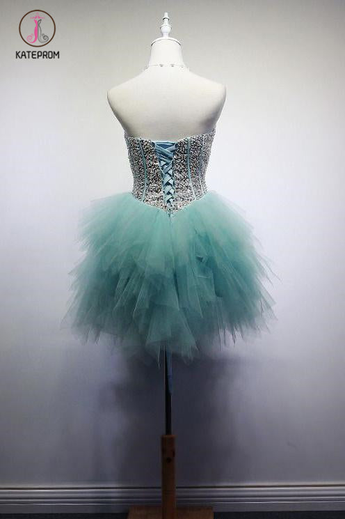 Pool Blue Sparkly Sweetheart Sequins Tulle Short Cocktail Dress, Mini Homecoming Dress KPH0290