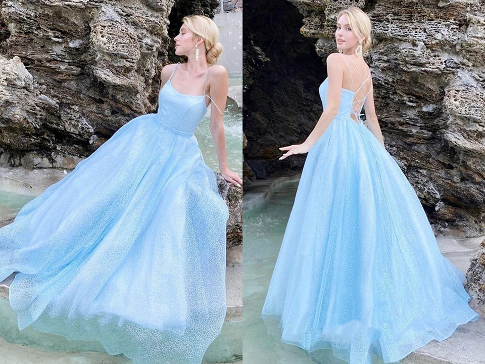 Shiny Sky Blue Spaghetti Straps Prom Dresses, Criss Cross Back A Line Formal Evening Dresses KPP1408