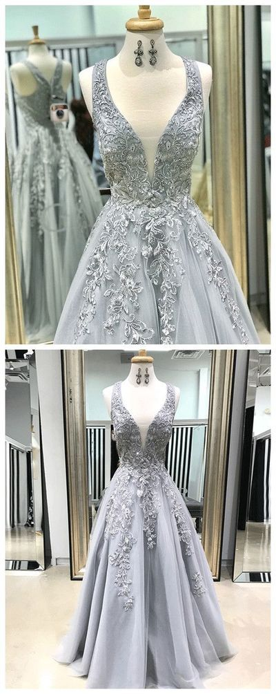 Chic A line Straps Lace Prom Dresses Silver Applique Long Prom Dress Evening Dress KPP1617