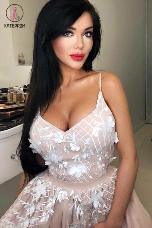 Blush Spaghetti Straps Short Prom Dress with Appliques, Mini Tulle Sweet 16 Dress KPH0403