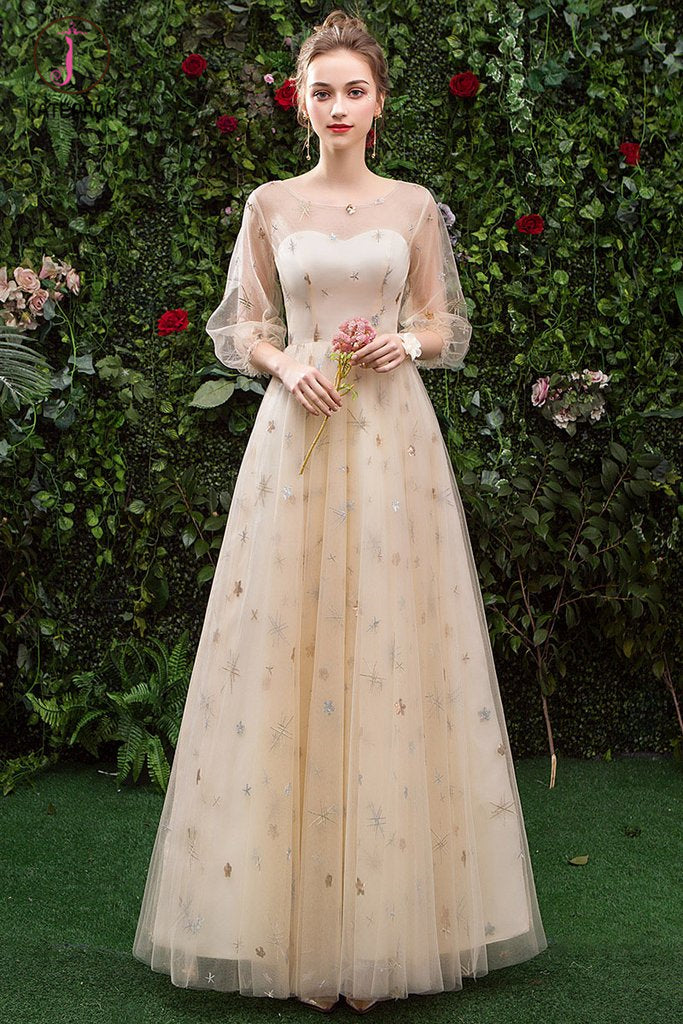 Floor Length Long Sleeve Tulle Evening Dress with Appliques, Prom Gown KPP1073