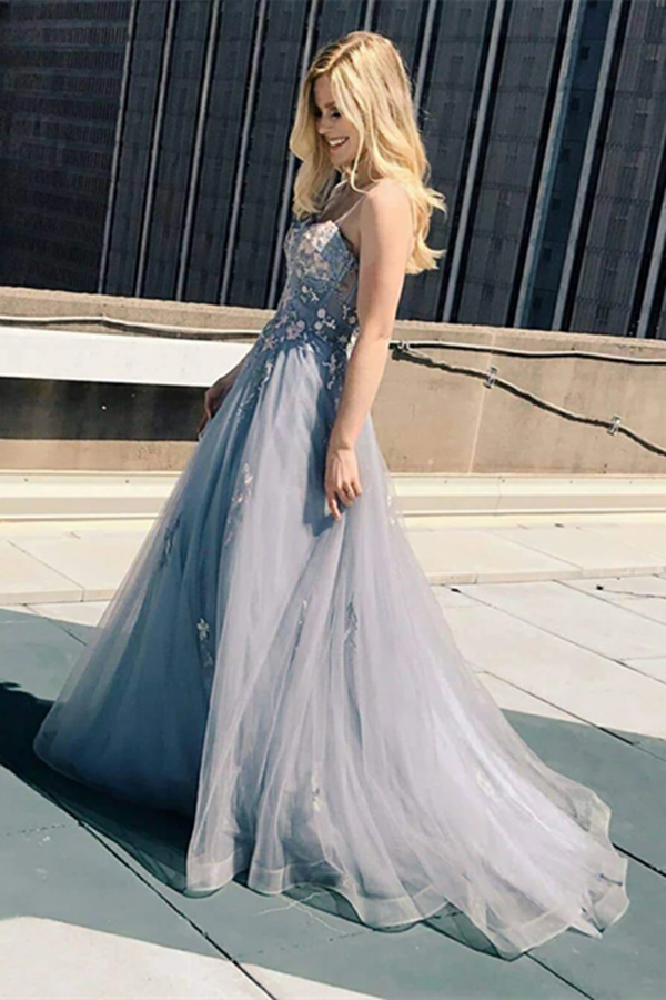 New A line Spaghetti Straps Grey Tulle Prom Dresses KPP1484