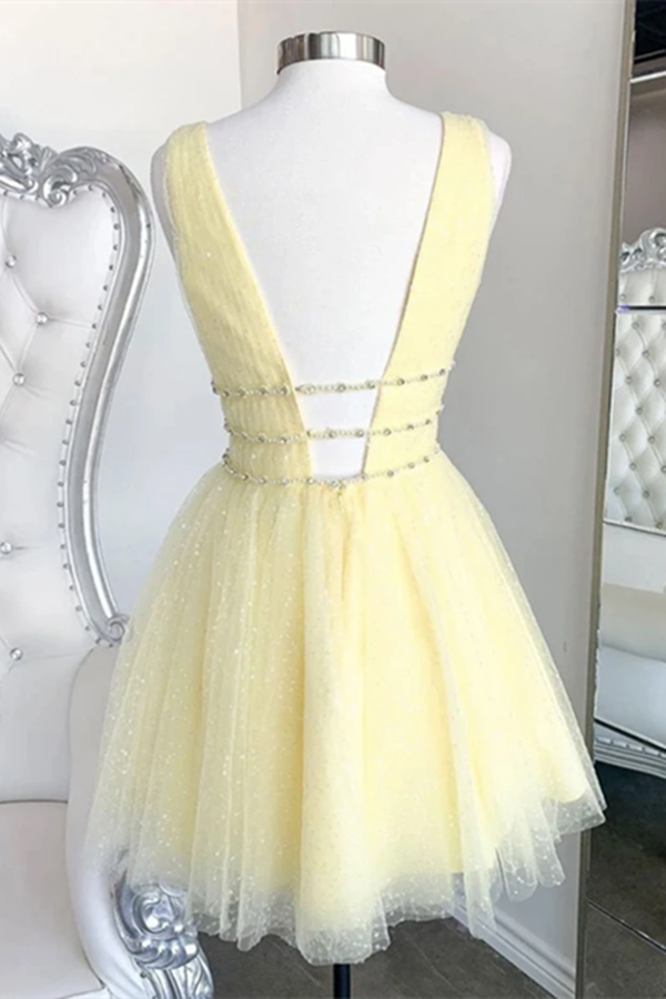 Cute yellow v neck tulle beads short prom dress yellow homecoming dress KPP1442