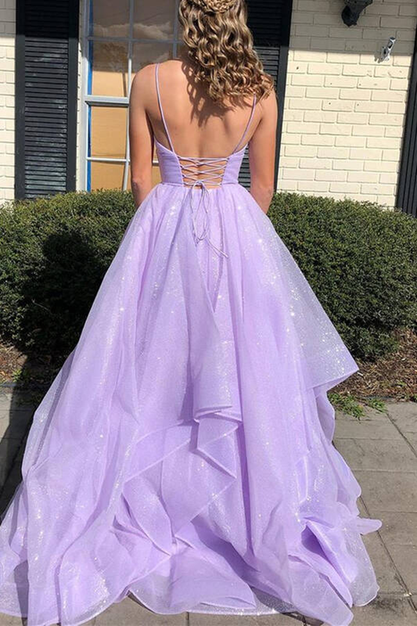 Shiny V Neck Fluffy Lavender Long Prom Dress, Spaghetti Straps Long Formal Evening Dress KPP1457