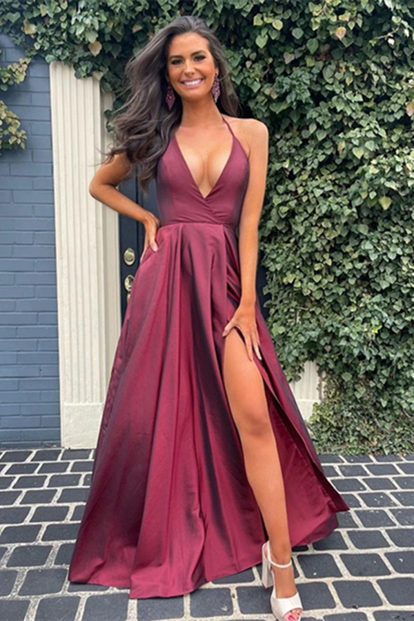 A Line V Neck Open Back Burgundy Long Prom Dresses with High Slit Backless Satin Evening Dresses KPP1494