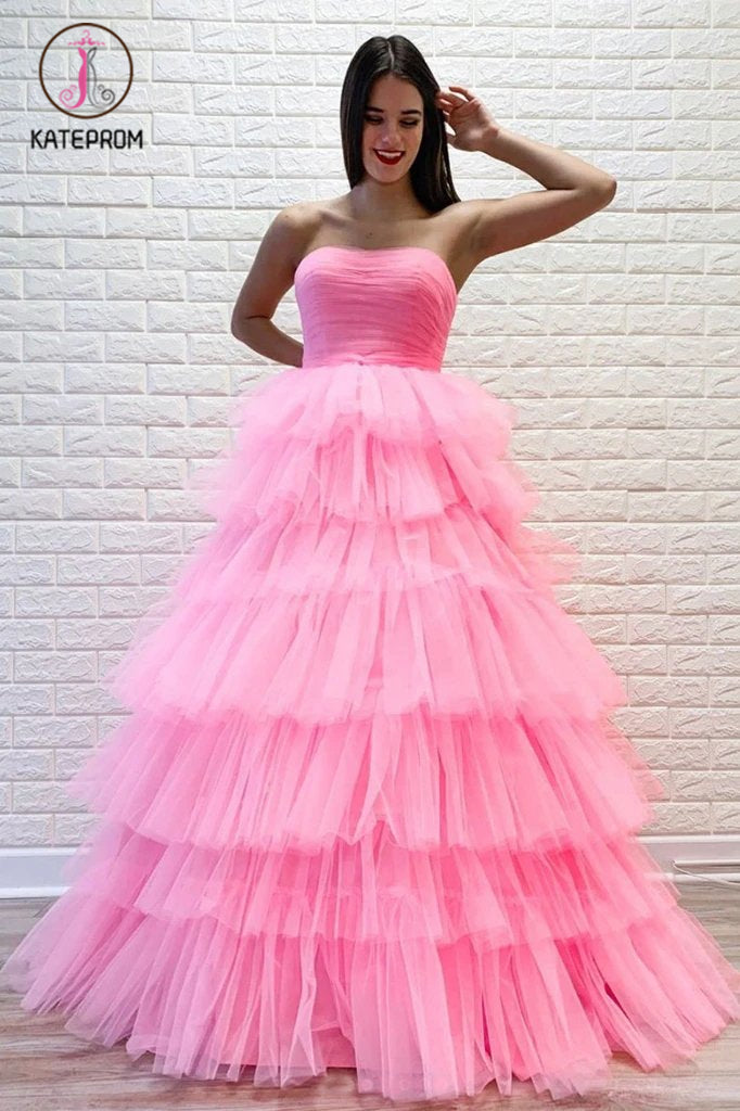 Pink Strapless Layers Prom Dress with Lace Up Back, A Line Floor Length Evening Dress KPP1225