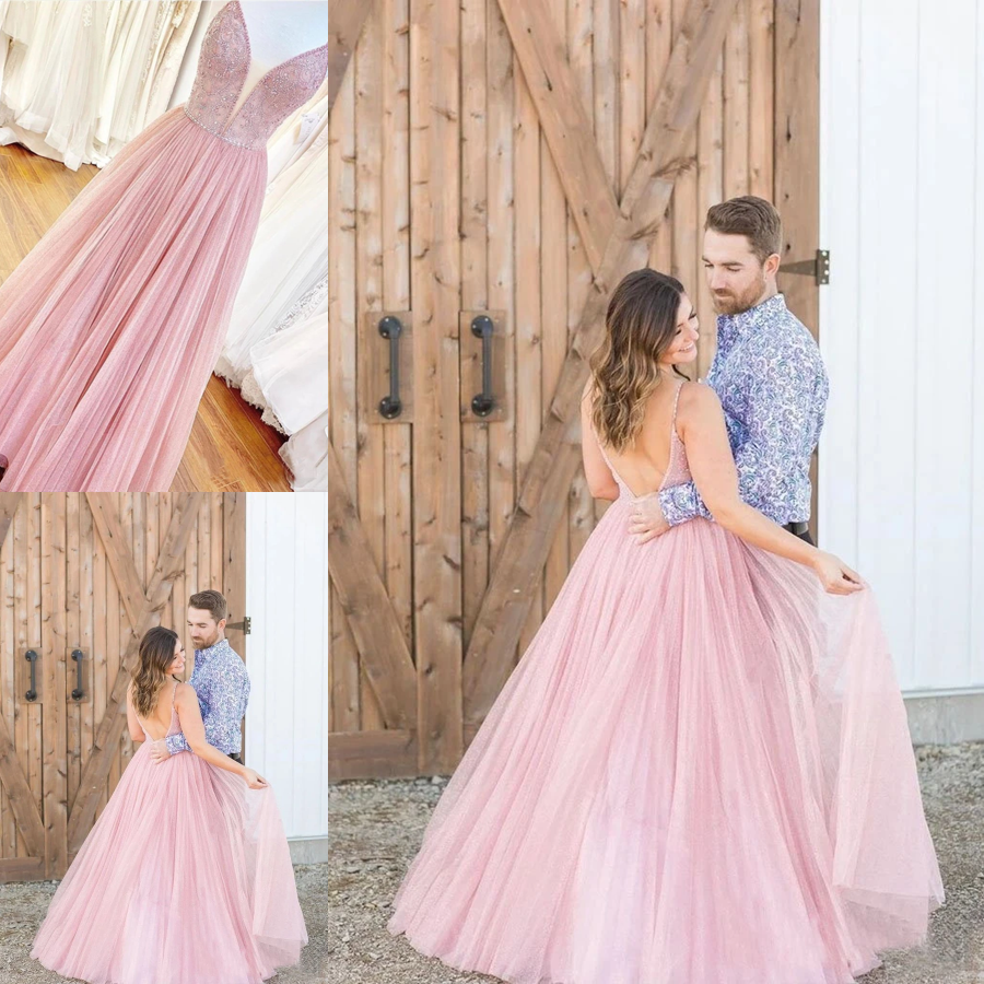 Long Prom Dress With Beaded Bodice And Plunging Illusion V Neck Formal Dress KPP1441