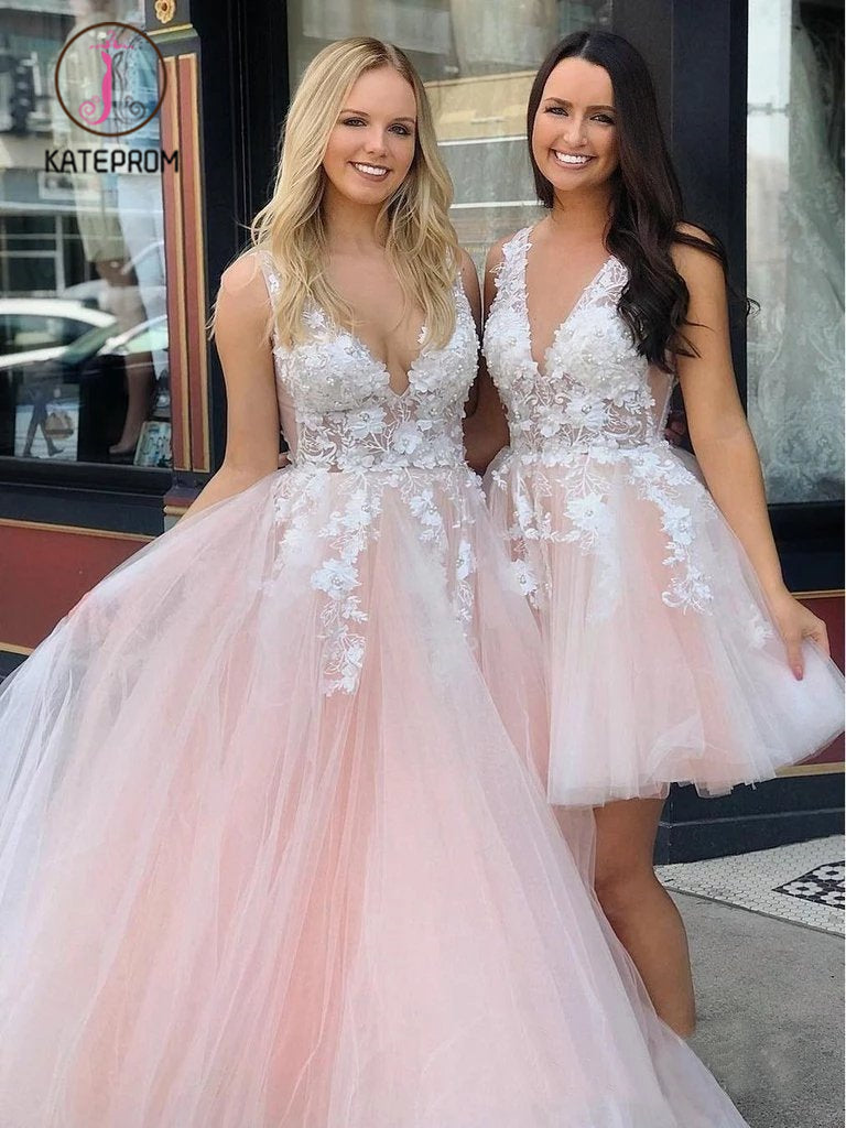 Stunning Lace Applique Long Prom Dresses Quinceanera Dress with Flowers KPP0976