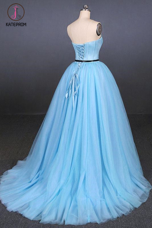 Light Blue High Low Strapless Tulle Prom Dresses, Hi-Lo Tulle Evening Dresses KPP1094