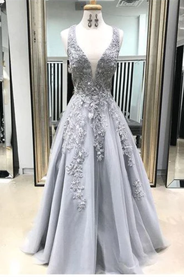 Chic A line Straps Lace Prom Dresses Silver Applique Long Prom Dress Evening Dress KPP1617